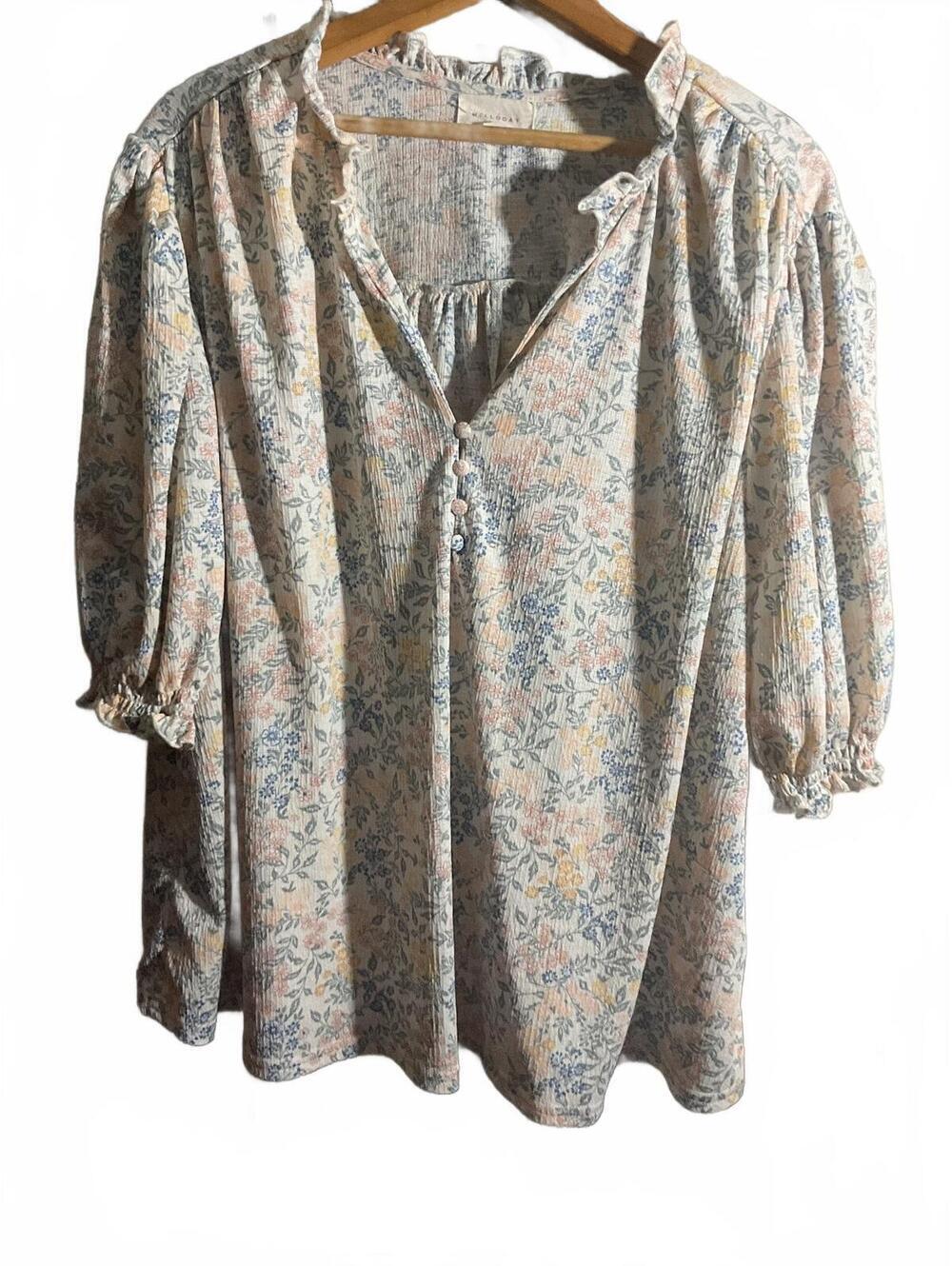 Melloday 2X Floral Button-Up Blouse with Ruffle Collar and Puff Sleeves